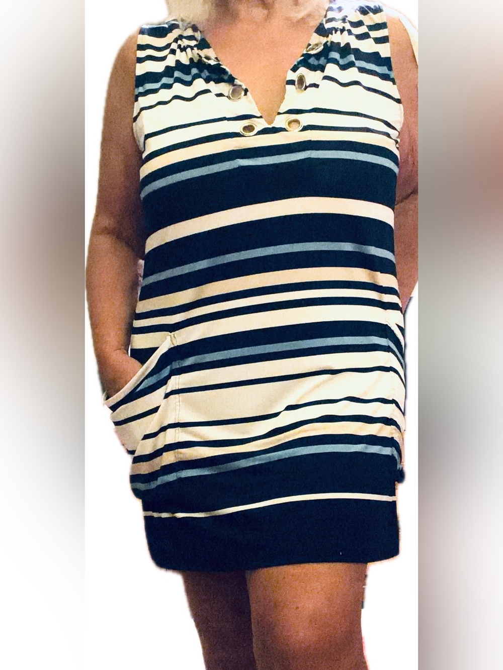 Sandiva Blue, Black and Cream Striped Mini Dress with Pockets